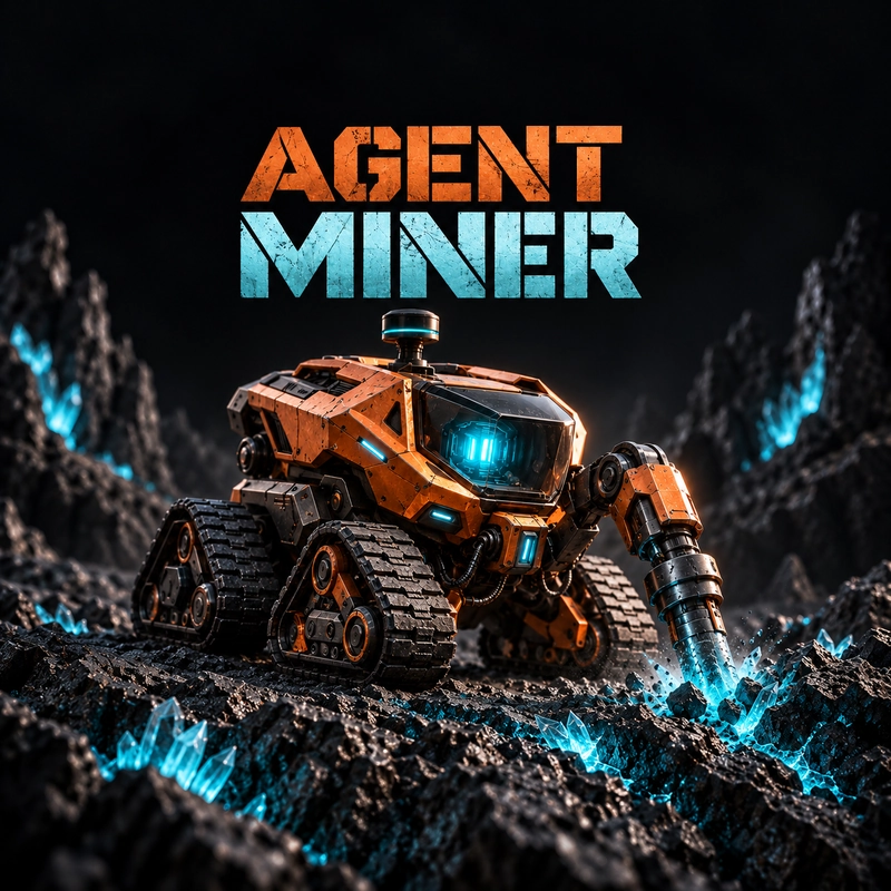 Copper-orange autonomous mining rover with an ice-cyan core drilling into dark rock
